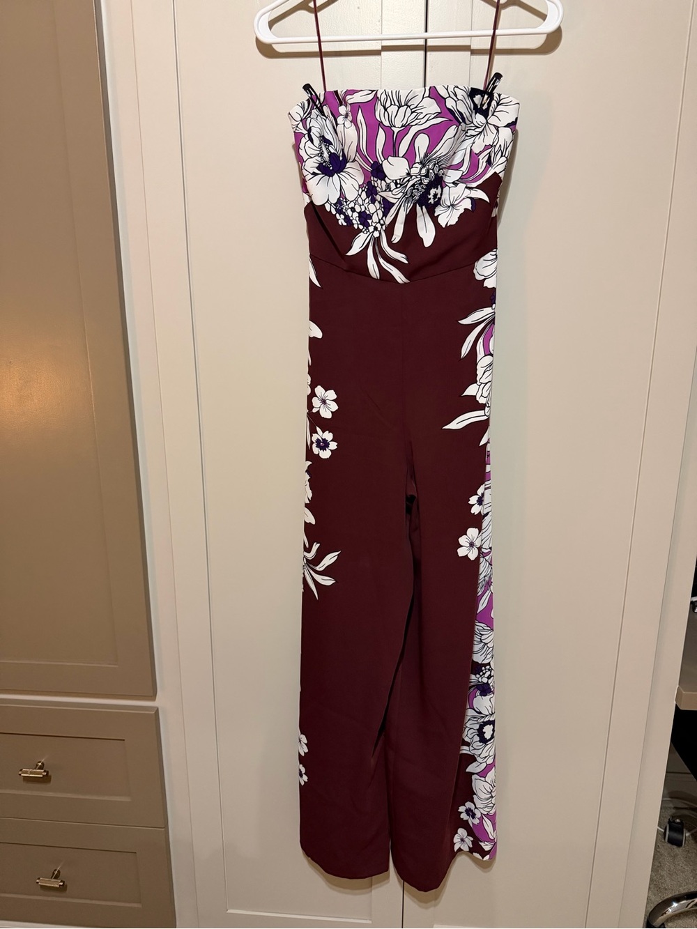 Express Strapless Floral Jumpsuit in Burgundy and Purple